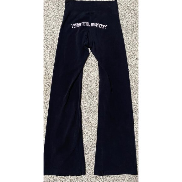 BEAUTIFUL DISASTER Black Yoga Wide Leg Pants Flare Big Logo Stretch LARGE - Picture 2 of 4